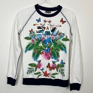 Emporio Armani EA7 White Long Sleeve Tee with Tropical Floral & Butterfly Print